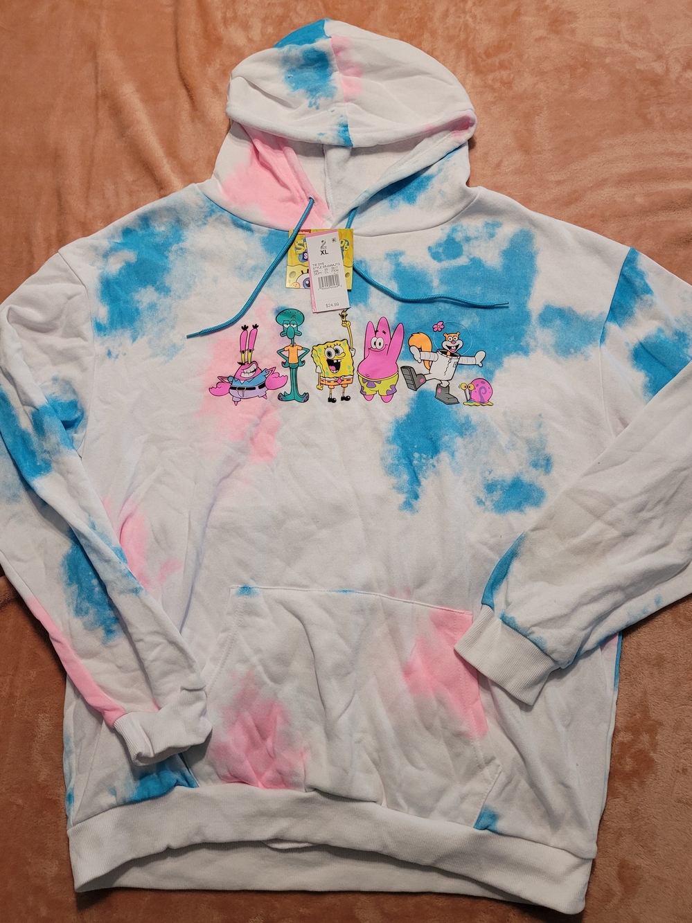 Adult Tie-Dye Cartoon Hoodie Sweatshirt - Blue & Pink Size XL